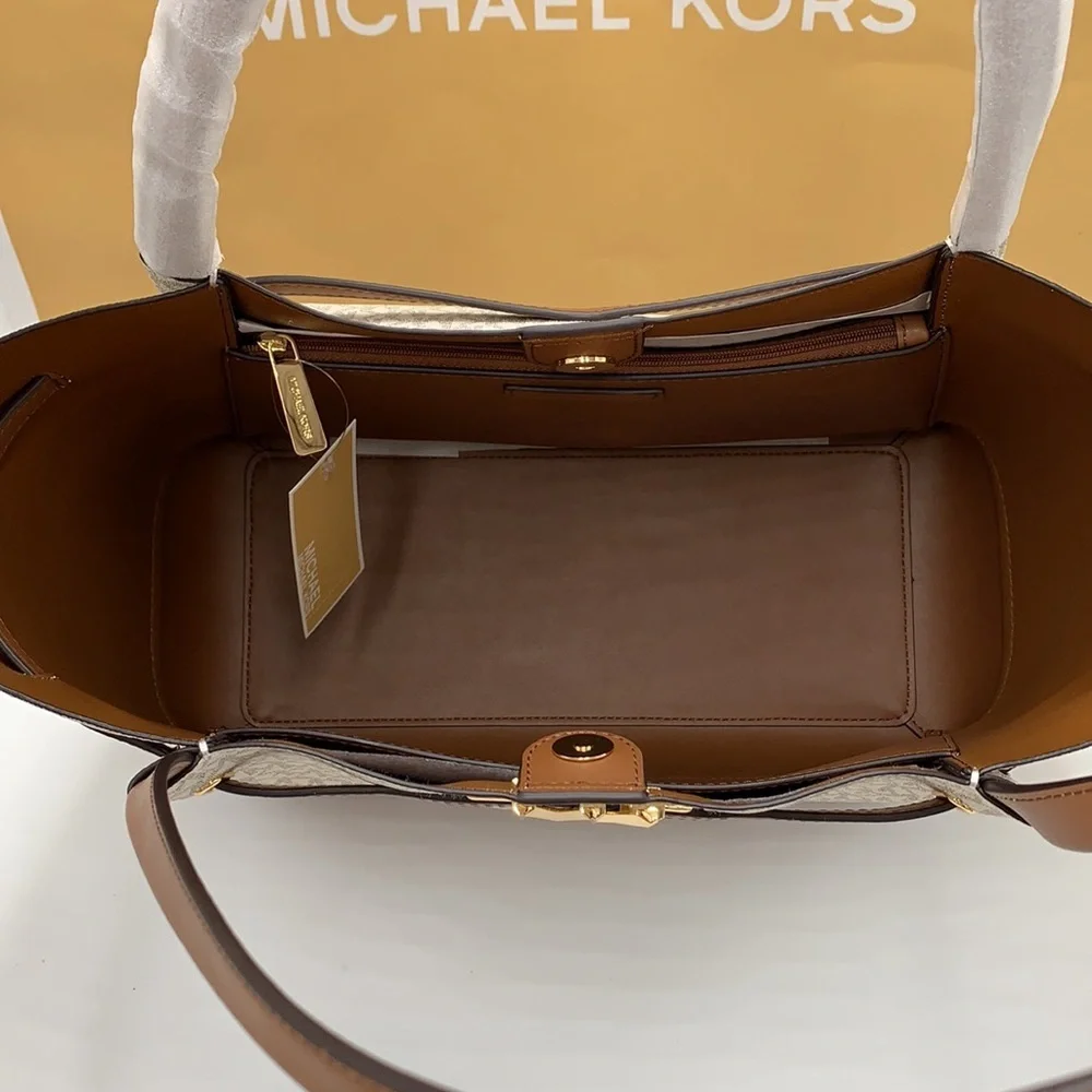 MICHAEL KORS  Reed Large BELTED Logo Tote Bag VANILLA BROWN SIGNATURE COLOR